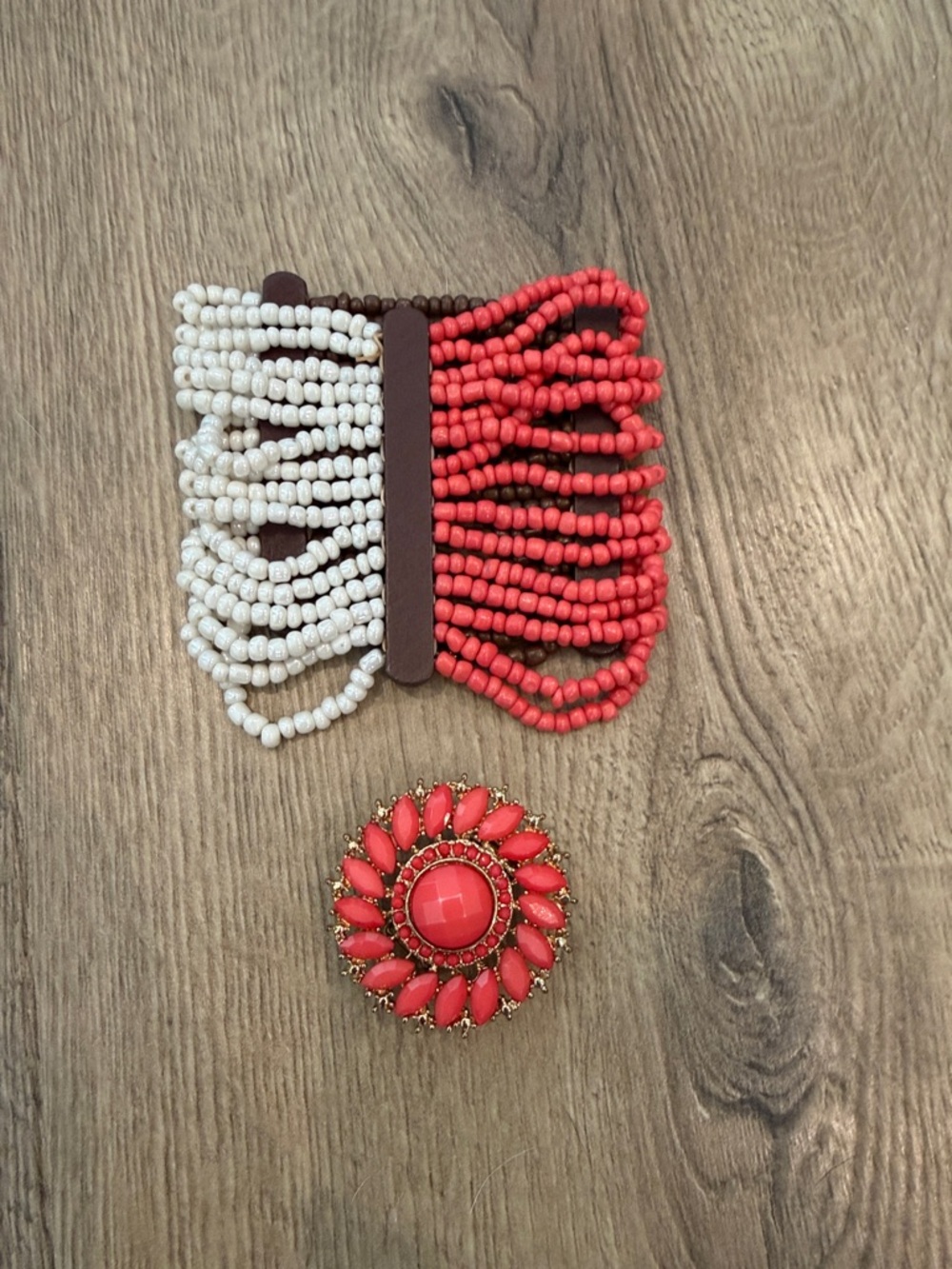 Boho Beaded Bracelet & Coral Floral Statement Ring Set